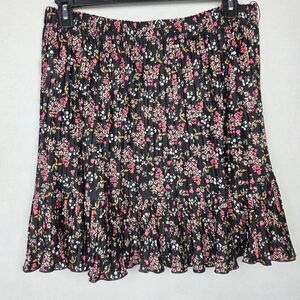 LOFT Petite Floral Pleated Skirt LP Black Pink Tiered Stretch Waist